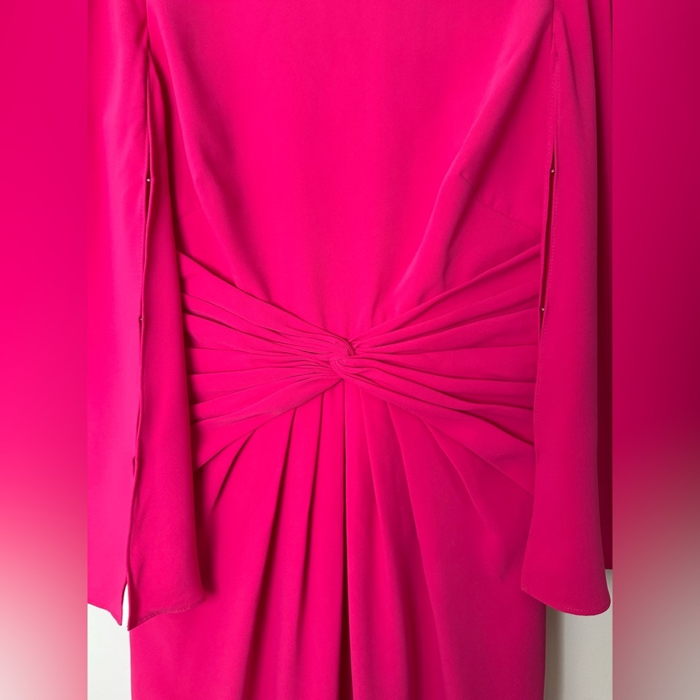 Theia twist knot front, hot pink, cape sleeve maxi gown, 10 - Picture 6 of 13